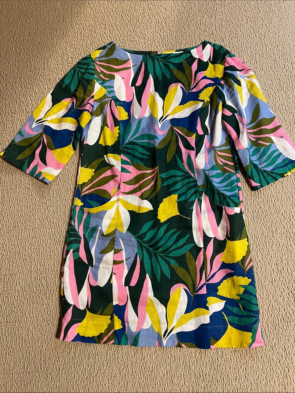 Boden Tropical Leaf Print Mini Dress in Green, Pink, Yellow